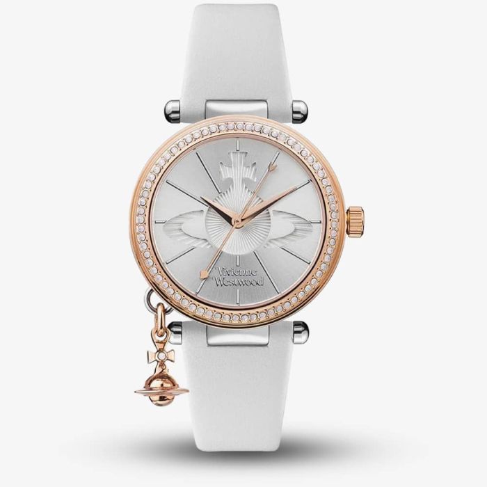 Ladies Orb Pastelle Silver Dial White Leather Strap Watch