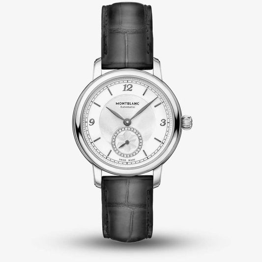 Ladies Star Legacy Small Second Diamond Dial Black Leather Strap Watch