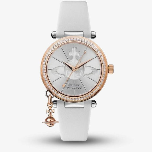 Ladies Orb Pastelle Silver Dial White Leather Strap Watch
